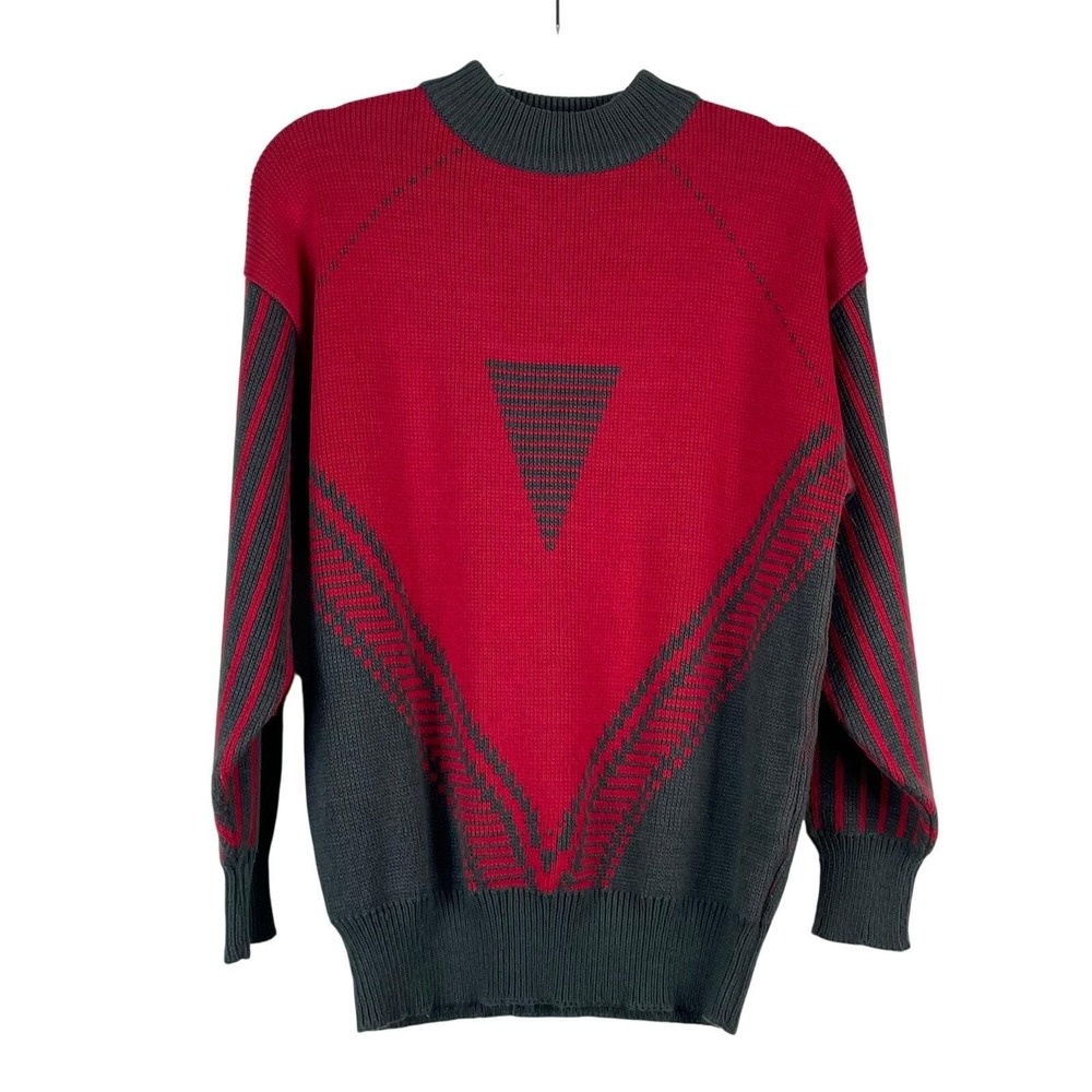 Vintage 80s Women's Red Gray Sweater Triangle Pattern Acrylic Size M Korea Made